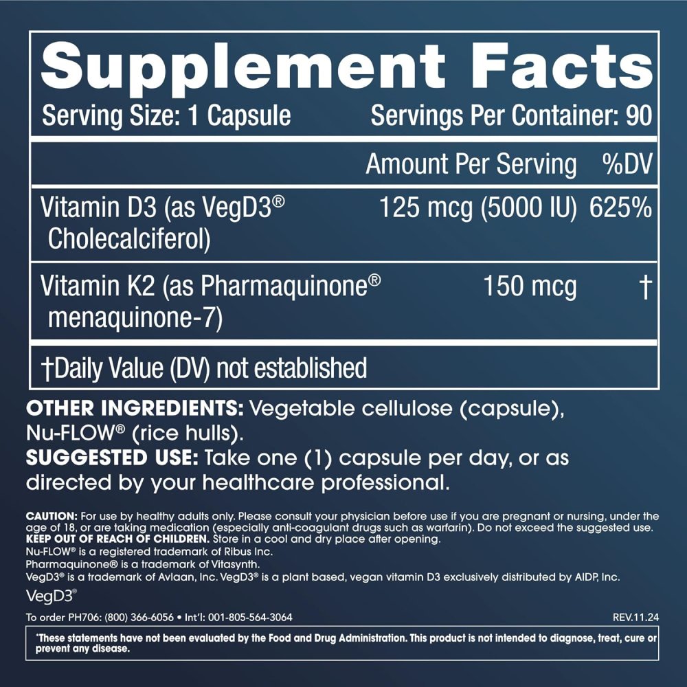 ProHealth Longevity Vitamin D3 125mcg + K2 150mcg Advanced Bone, Immune & Cardiovascular Support 90 Capsules