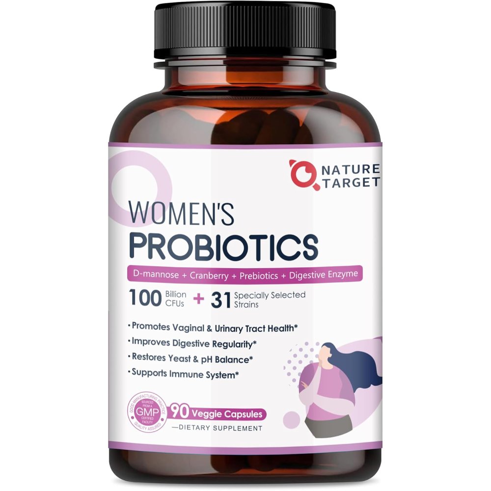 Nature Target Women's Probiotics 100 Billion CFU 500mg Prebiotic Formula for Women’s Digestive, Immune & Vaginal Health 90 Veg Caps
