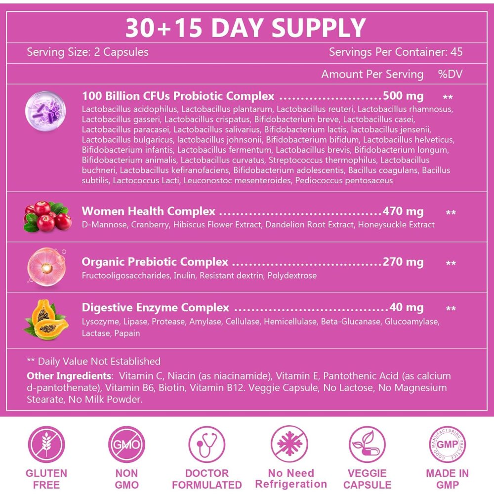 Nature Target Women's Probiotics 100 Billion CFU 500mg Prebiotic Formula for Women’s Digestive, Immune & Vaginal Health 90 Veg Caps