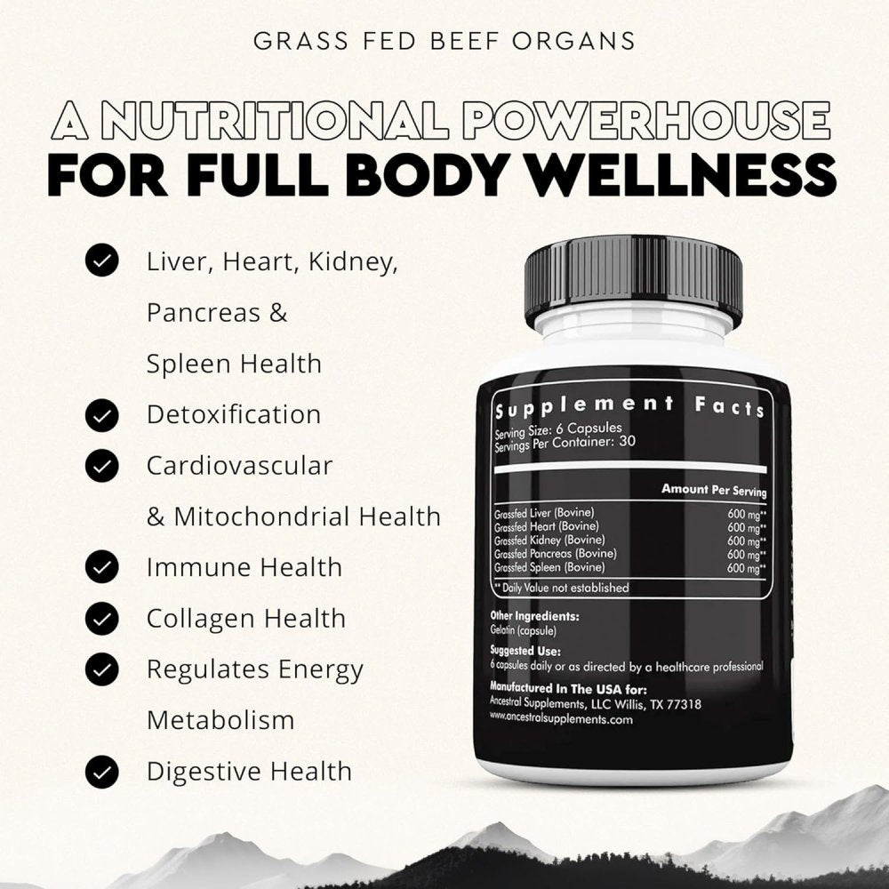 Ancestral Supplement Grass-Fed Beef Organs 500mg Boosts Energy, Stamina & Recovery180 Capsules