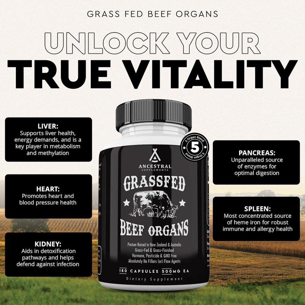 Ancestral Supplement Grass-Fed Beef Organs 500mg Boosts Energy, Stamina & Recovery180 Capsules