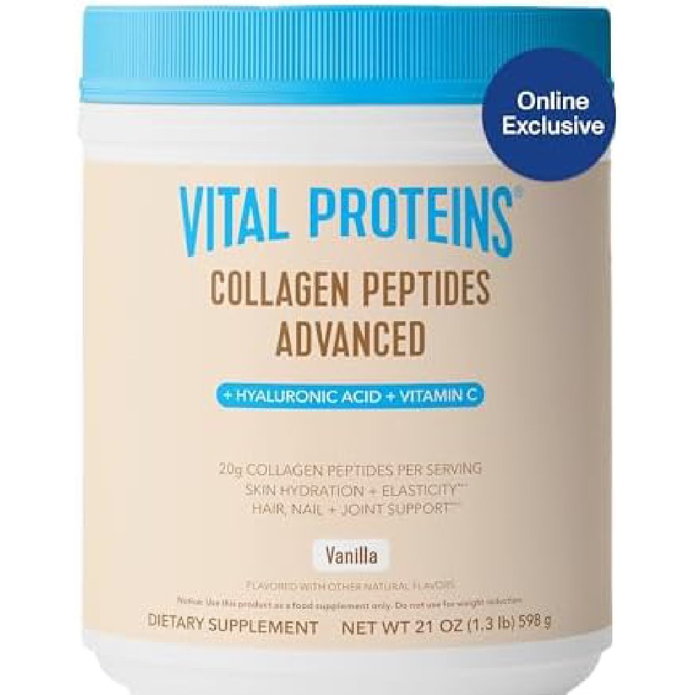 Vital Protein Collagen Peptides Advanced With Hyaluronic Acid & Vitamin C Vanilla Flavor for Healthy Skin + joint support, 598g