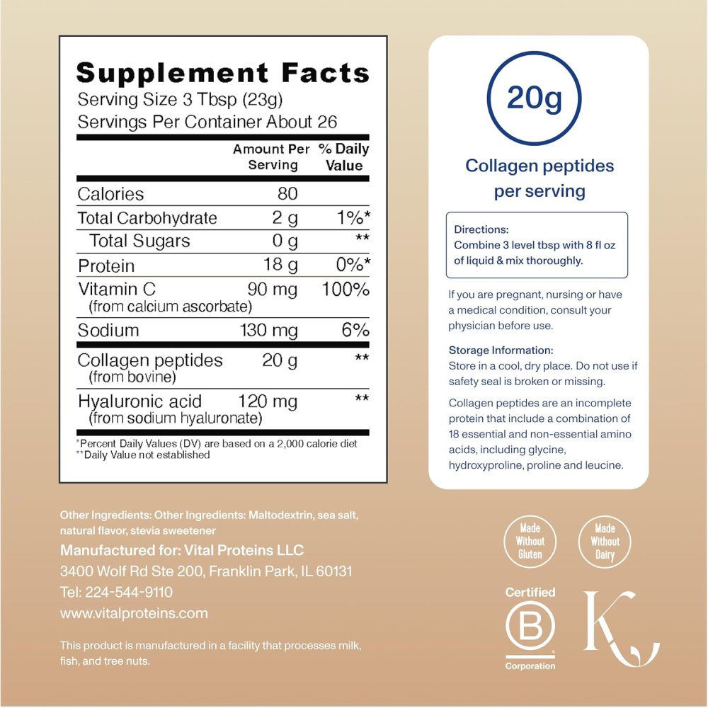 Vital Protein Collagen Peptides Advanced With Hyaluronic Acid & Vitamin C Vanilla Flavor for Healthy Skin + joint support, 598g