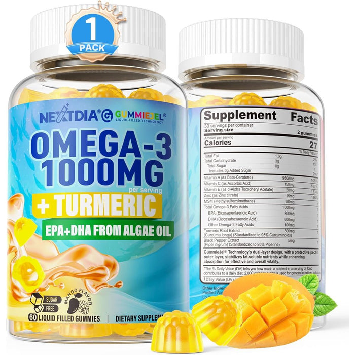 Nextdia Omega3 1000mg + Turmeric mobility & Comfort & Youthful Skin & Immunity & Brain & Eye 60 Gummies