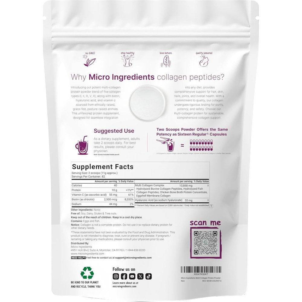 MicroIngredients Multi Collagen Peptides with Biotin & Vitamin C & Hyaluronic Acid Supports skin elasticity, joint mobility, bone strength, and overall body repair 907 Unflavored