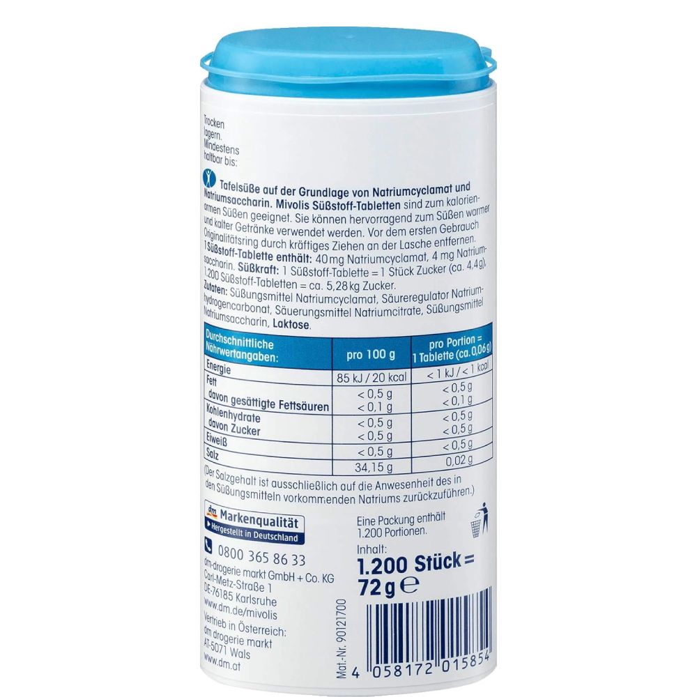 Mivolis Vegan Diet Sugar Tablets 1200 Count – German-Made Sweetener Low Calorie Sugar Substitute – Ideal for Keto, Diabetics & Weight Management – Easy Dispensing