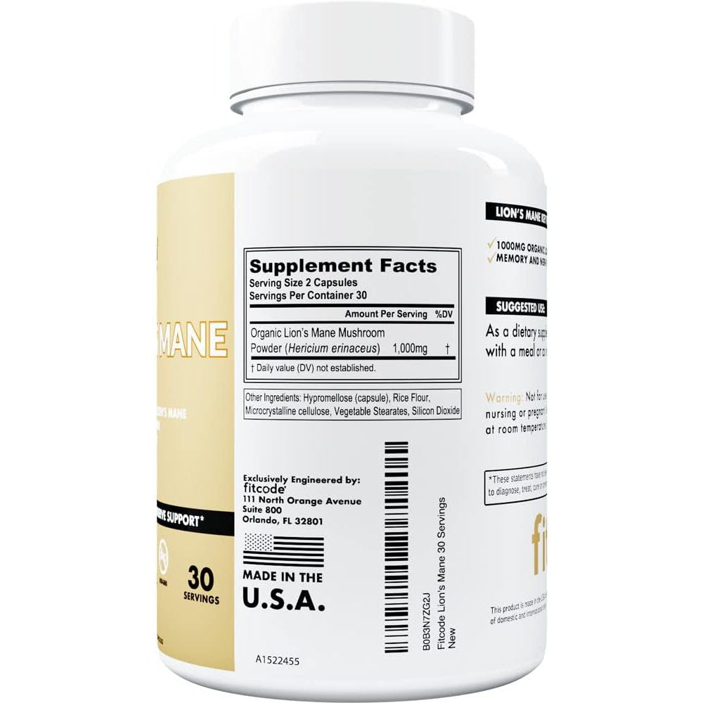 Fitcode Lion's Mane 1000mg Support Memory and Nerve 60 Veg Caps