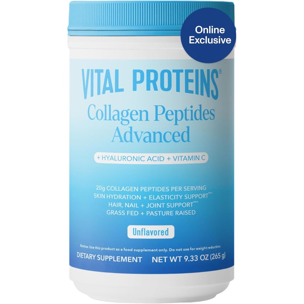 Vital Protein Collagen Peptides Advanced with Hyaluronic Acid & Vitamin C Support Healthy Skin, Hair, Nails, Joints, and Bones with This Premium Unflavoured 265g
