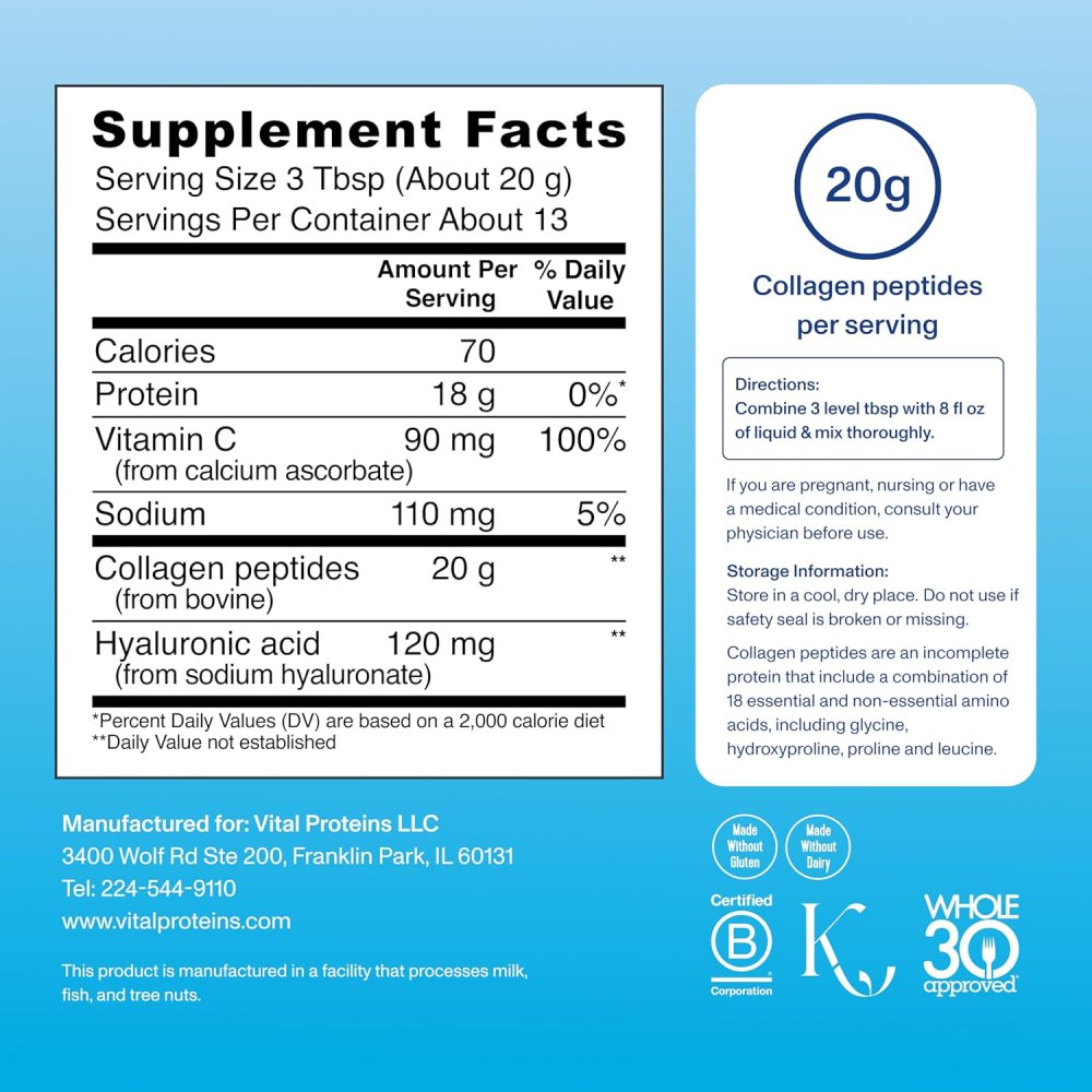 Vital Protein Collagen Peptides Advanced with Hyaluronic Acid & Vitamin C Support Healthy Skin, Hair, Nails, Joints, and Bones with This Premium Unflavoured 265g