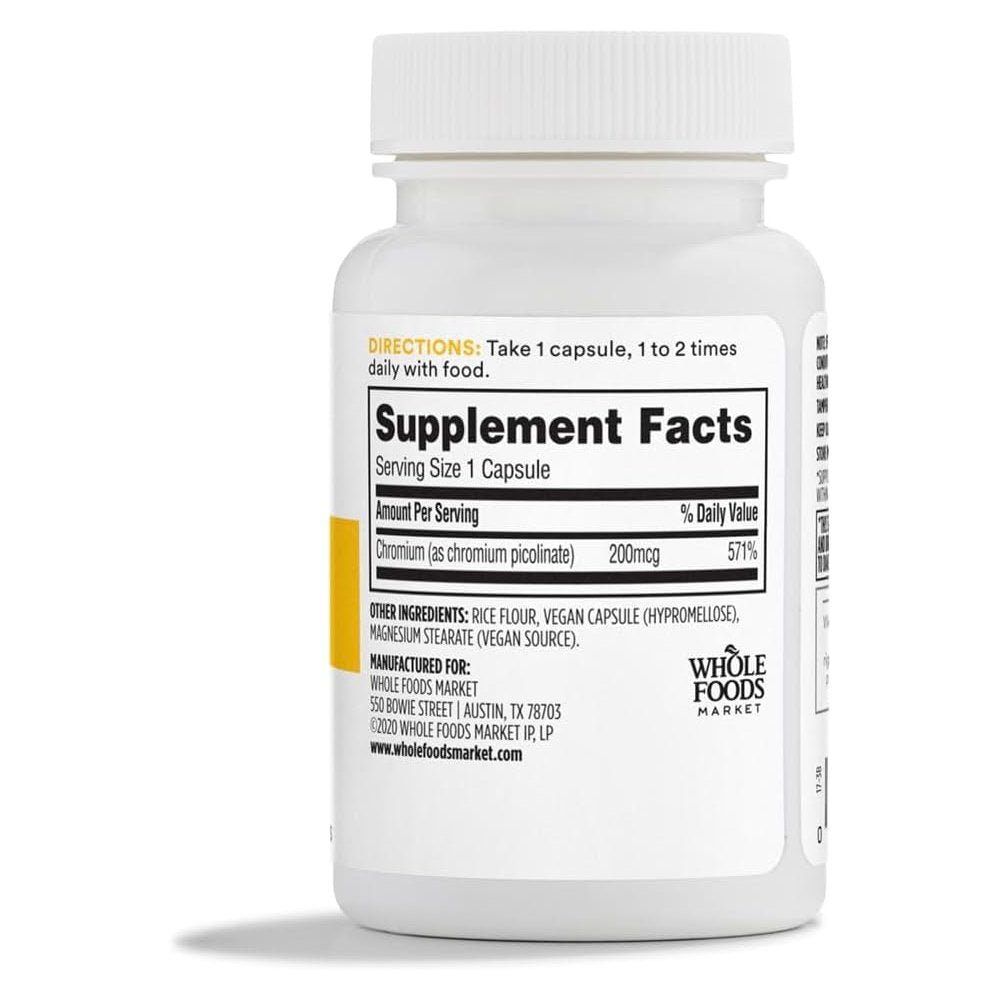 Whole Foods Market Chromium Picolinate 200mcg Natural Support for Blood Sugar Balance & Healthy Metabolism100 Veg Caps