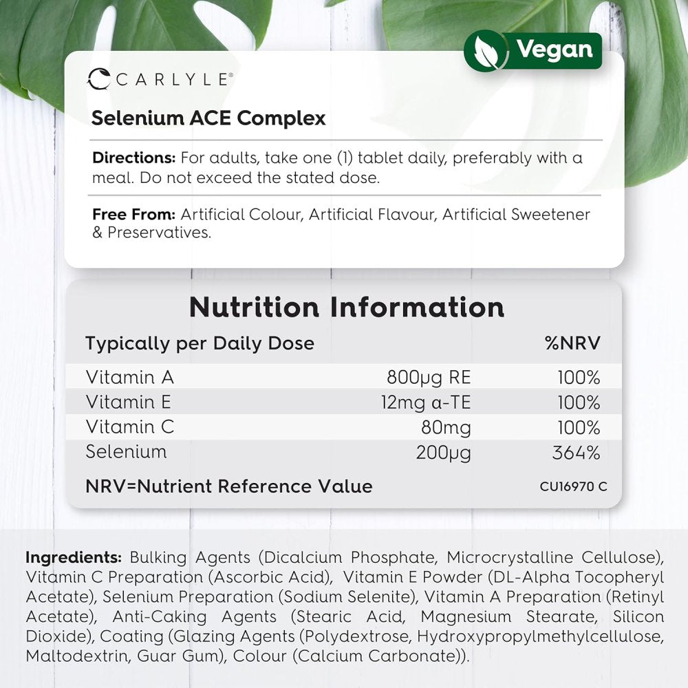 Carlyle Selenium 200mg Immune Support • Antioxidant Protection Ace Complex With Vitamins A & C +E 180 Veg Tablets