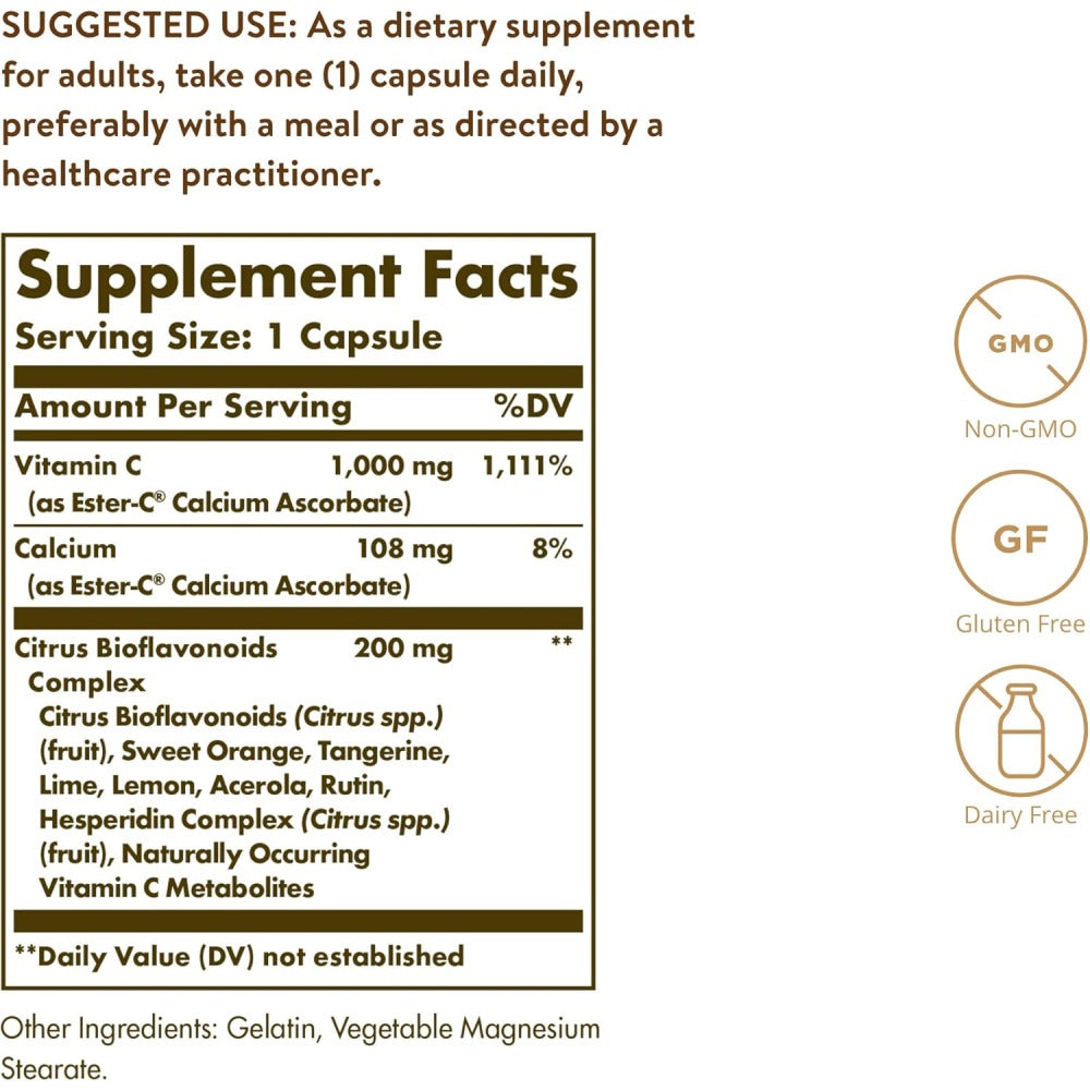 Solgar Ester C 1000mg Vitamin C Cirus Bioflavonoids Complex, Acerola, Rose Hips & Rutin 90 tablets