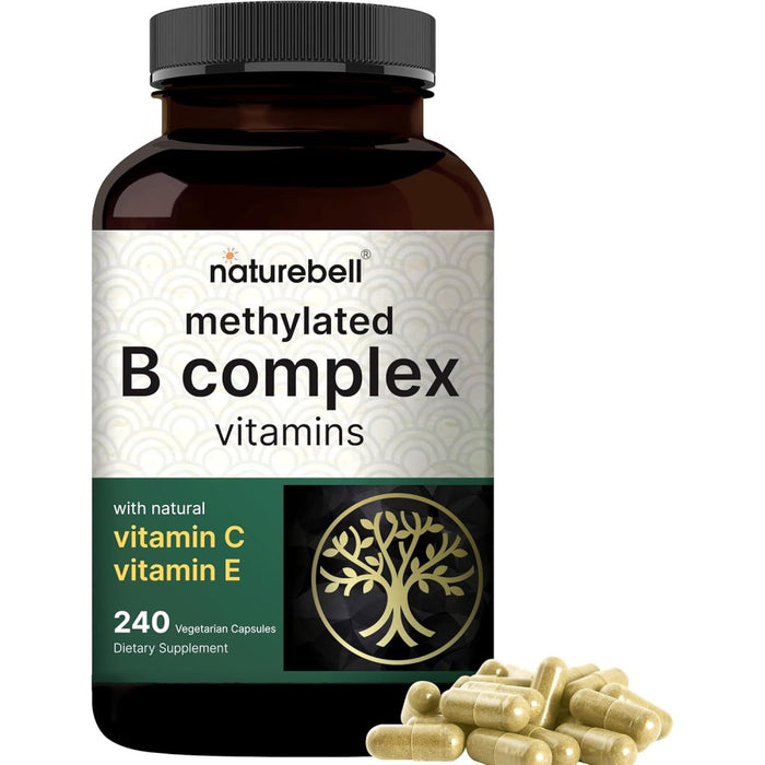 Naturebell Methylfolate B Complex Vitamins With Natural Vitamin C & Vitamin E So Support Your Daily Energy, Brain Function, Immune System, and Cardiovascular Health 240 Veg Caps
