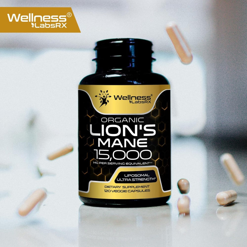 Wellness Labsrx Organic Lions Mane Mane 15000mg Support Focus, Memory, Cognitive Performance, and Overall Nervous System Health. 120 Veg Caps