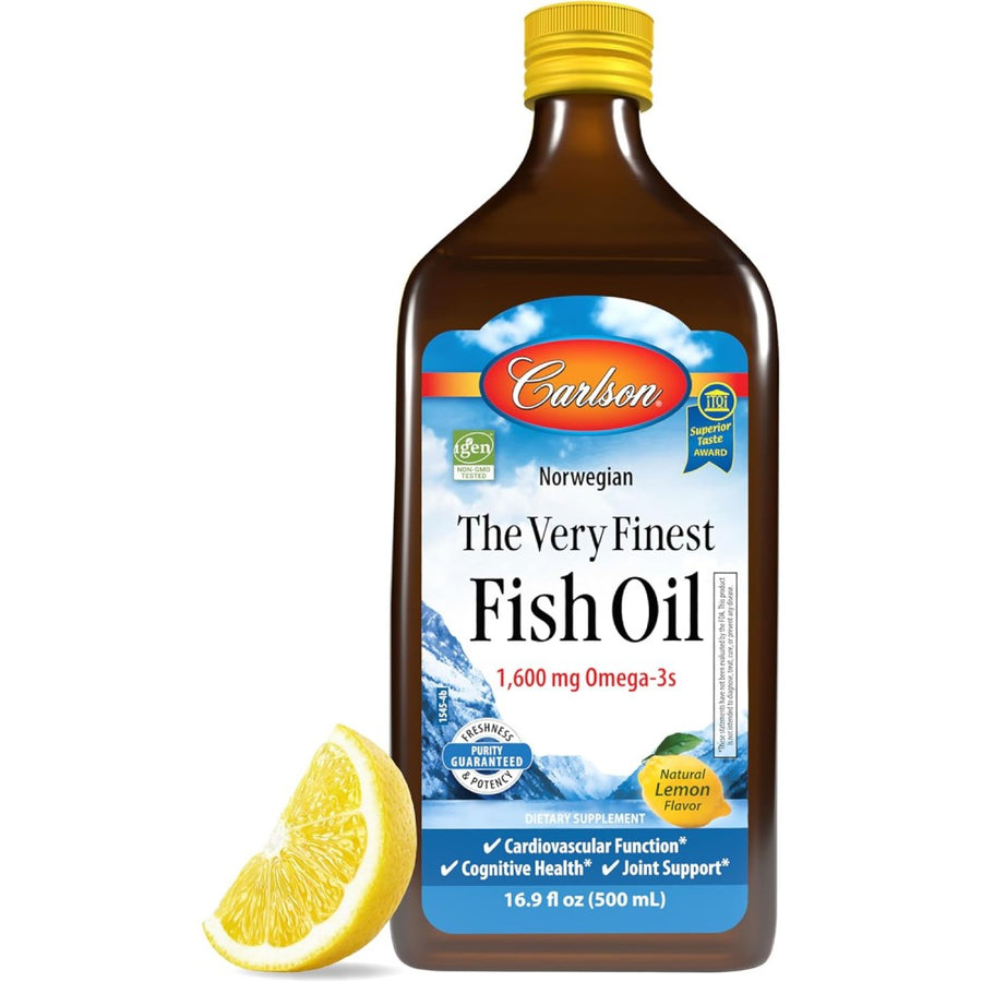 Carlson Very Finest Fish Oil for Adults Natural Lemon Flavor 1600mg Supports Brain Function, Focus, and Memory 500ml
