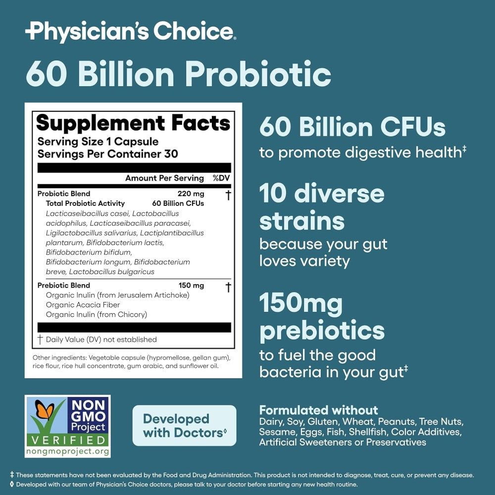 PhySicians Choice Probiotic 60 Billion Probiotic Improve Digestion and Strengthen The Immune System 30 Caps
