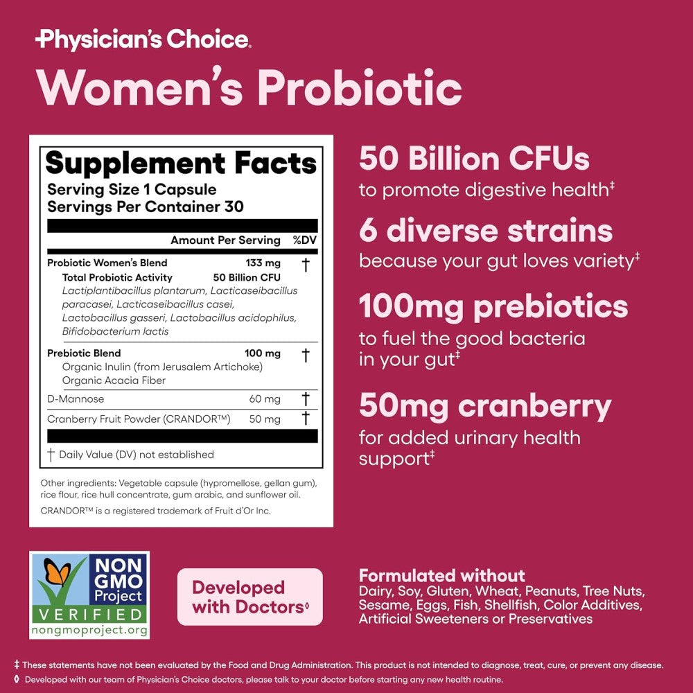 PhySicians Choice Womens Probiotic 50 Billion CFU Boosts the Immune System, Improves Digestive Health, and Supports Women's Health. 30 Caps