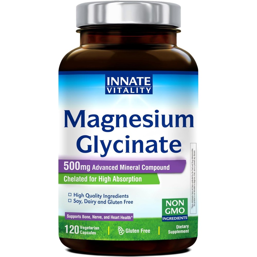 Innate Vitality Magnesium Glycinate 500mg Muscle Relaxation,Restful Sleep, and Calm Nerves 120 Veg Caps