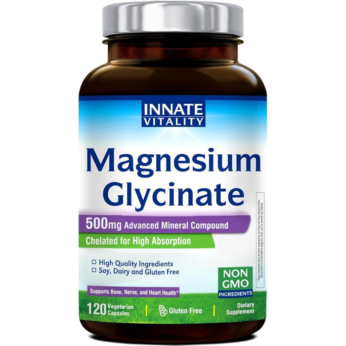Innate Vitality Magnesium Glycinate 500mg Muscle Relaxation,Restful Sleep, and Calm Nerves 120 Veg Caps