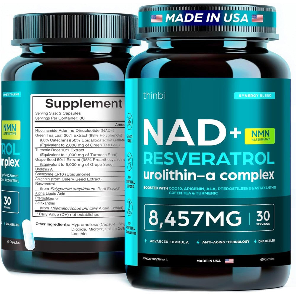Thinbi Nad+ Resveratrol Urolithin - a Complex 8457mg To Support Energy, Longevity, and Overall Well-Being. 60 Caps