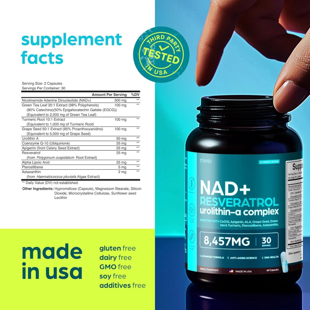 Thinbi Nad+ Resveratrol Urolithin - a Complex 8457mg To Support Energy, Longevity, and Overall Well-Being. 60 Caps