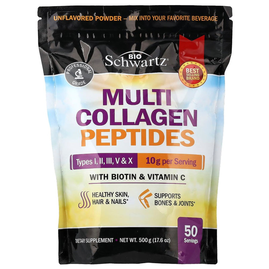 Bioschwartz Multi Collagen Peptides 10g Per Serving With Biotin & Vitamin C To Promote Radiant Skin, Stronger Hair and Nails, and Healthy Joints and Bones 500g