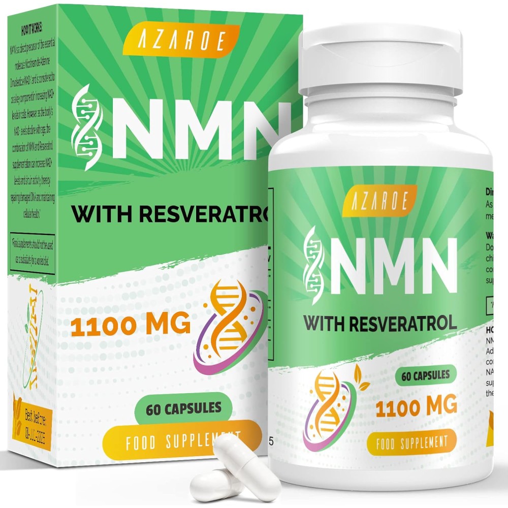 Azaroe Nmn With Resveratrol 1100mg Promotes Cellular Energy Production, Anti-Aging, Improves Brain Function, and Cardiovascular Health 60 Caps