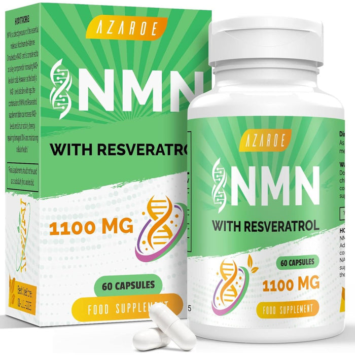 Azaroe Nmn With Resveratrol 1100mg Promotes Cellular Energy Production, Anti-Aging, Improves Brain Function, and Cardiovascular Health 60 Caps
