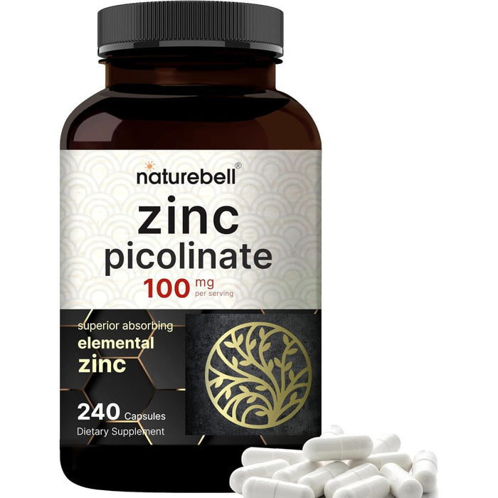 Naturebell Zinc Picolinate 100mg Supports Immune Function, Cell Growth and Repair, Wound Healing, and The Health Of Skin, Hair, and Nails 240 Caps