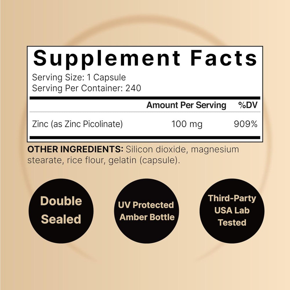 Naturebell Zinc Picolinate 100mg Supports Immune Function, Cell Growth and Repair, Wound Healing, and The Health Of Skin, Hair, and Nails 240 Caps