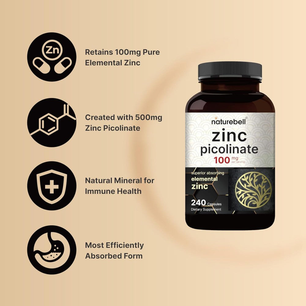 Naturebell Zinc Picolinate 100mg Supports Immune Function, Cell Growth and Repair, Wound Healing, and The Health Of Skin, Hair, and Nails 240 Caps