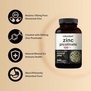 Naturebell Zinc Picolinate 100mg Supports Immune Function, Cell Growth and Repair, Wound Healing, and The Health Of Skin, Hair, and Nails 240 Caps
