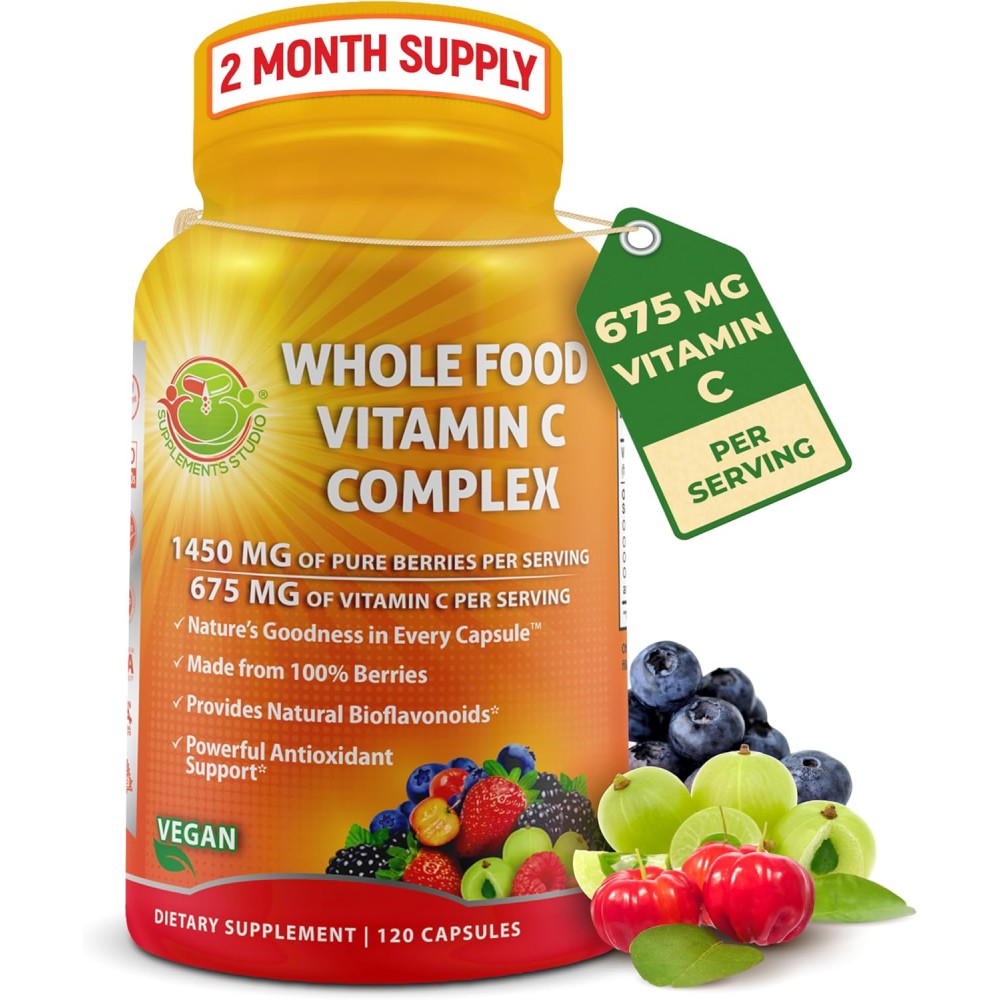Supplements Studio Whole Food Vitamin C Complex 1450mg OF Pure Berries 675mg Vitamin C Boost Immunity, Fight Free Radicals, Support Skin Health, and Help With Better Iron Absorption 120 Caps