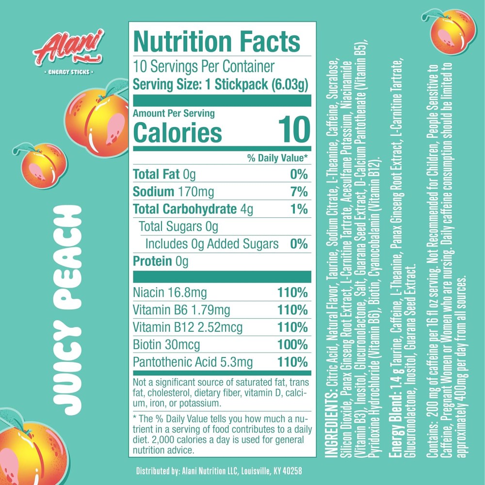 Alani Energy Drink Mix To Support Activity and Focus Without Feeling Tired or Suddenly Collapsing Peach Flavor 10 Sticks