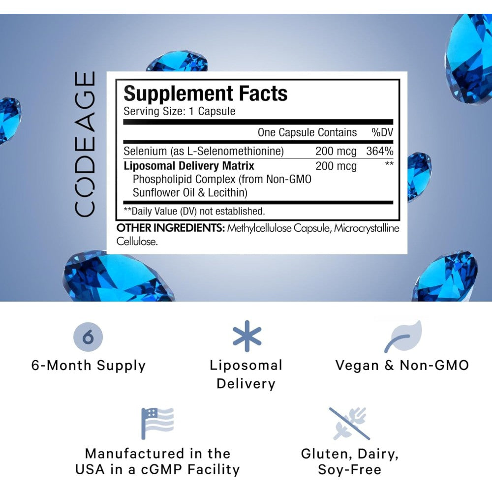 Codeage Liposomal Selenium 200mg Supports Immune Health, Thyroid Function, Cardiovascular Wellness, and Cellular Protection Against Oxidative Stress 180 Veg Caps