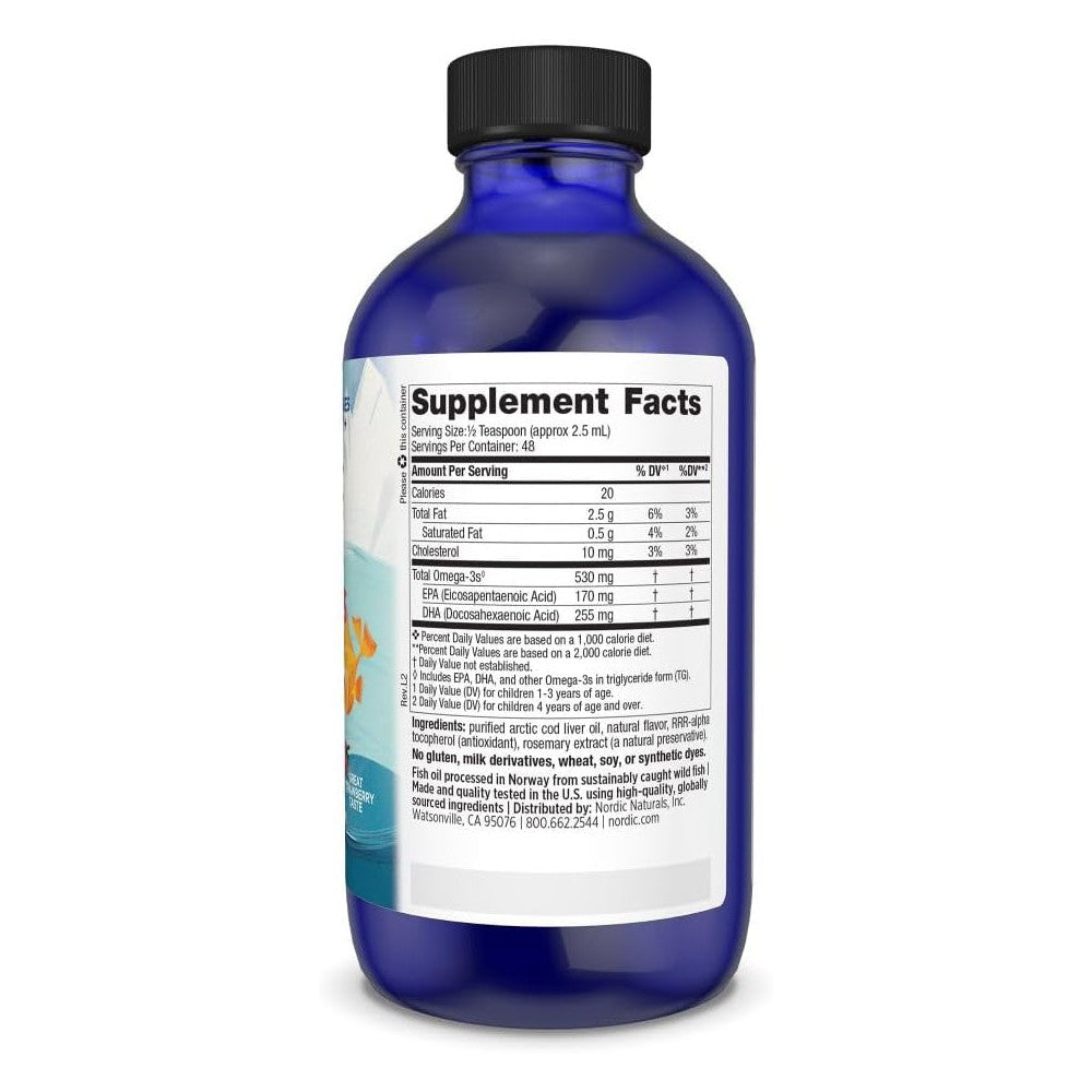 Nordic Naturals Children’s Dha 530mg Omega 3 Supports Children's Mental and Visual Development, As It Contributes To Enhancing Brain Health, Concentration, and The Healthy Development Of The Nervous System Strawberry Flavor119ml