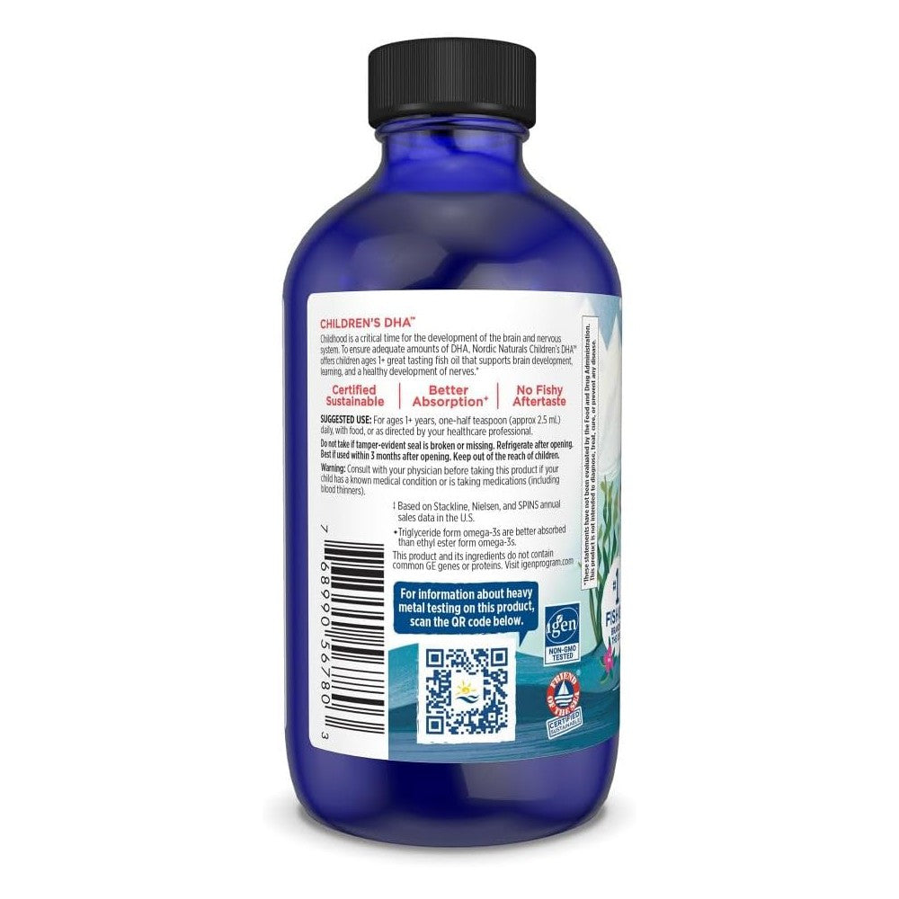 Nordic Naturals Children’s Dha 530mg Omega 3 Supports Children's Mental and Visual Development, As It Contributes To Enhancing Brain Health, Concentration, and The Healthy Development Of The Nervous System Strawberry Flavor119ml