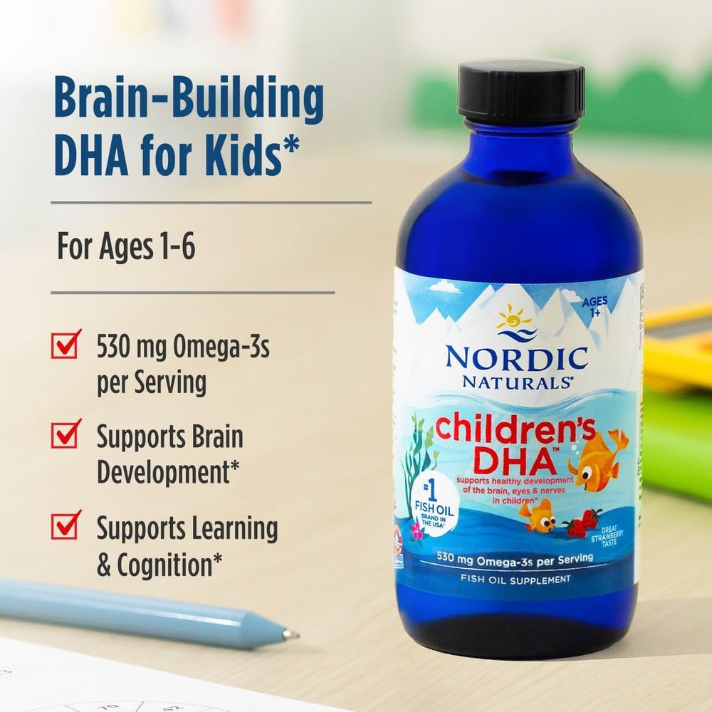 Nordic Naturals Children’s Dha 530mg Omega 3 Supports Children's Mental and Visual Development, As It Contributes To Enhancing Brain Health, Concentration, and The Healthy Development Of The Nervous System Strawberry Flavor119ml