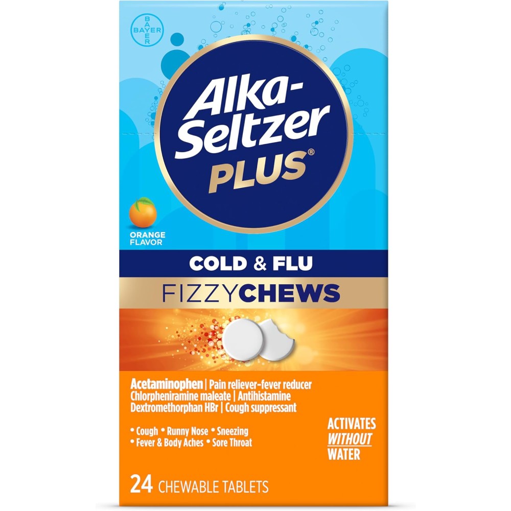 Alka Seltzer Cold & Flu Helps relieve Cold and Flu Symptoms Such as Stuffy Nose, Sore Throat, Fever, and Headache 24 Chewable Tablets Orange Flavor