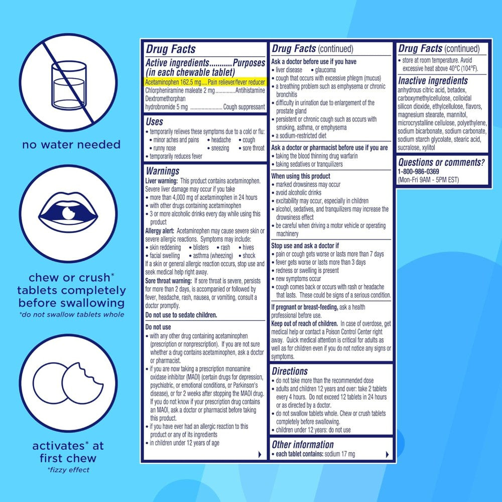 Alka Seltzer Cold & Flu Helps relieve Cold and Flu Symptoms Such as Stuffy Nose, Sore Throat, Fever, and Headache 24 Chewable Tablets Orange Flavor