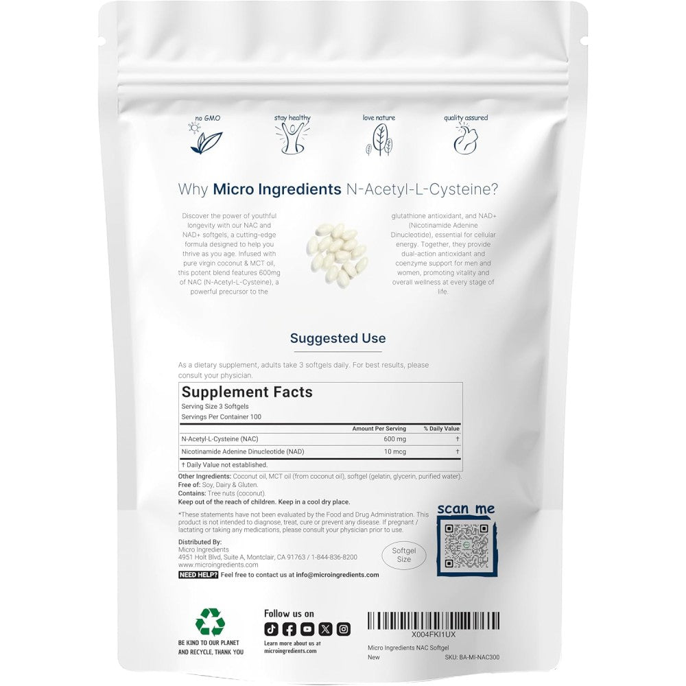 MicroIngredients Nac 600mg Supports Liver, Lung, and Immune Health With Powerful Antioxidant Properties 300 Softgels