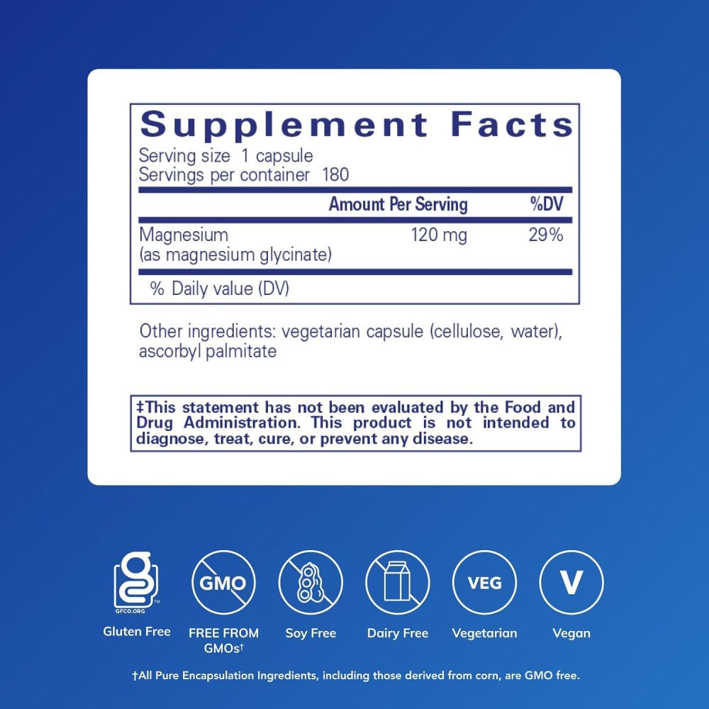 Pure Encapsulations Magnesium Glycinate Supports Stress Relief, Sleep, Heart, Nerves, Muscles, and Metabolism 180 Capsules