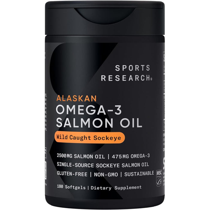 Sports Research Sr Alaskan Omega 3 Salmon Oil 2500mg Salmon Oil 475mg Omega 3 To Support Heart, Brain, Joint, and Skin Health 180 Softgels