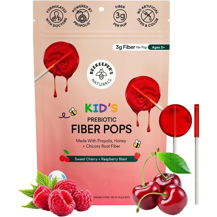 Beekeepers Kids Prebiotics Fiber Pops Sweet Cherry + Raspberry Blast Support Digestive Health, Gut Balance, and Immune Function in Children 15 Pops 93g