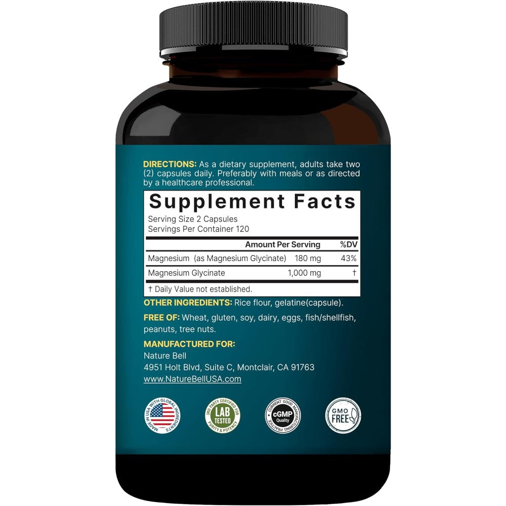 Naturebell Magnesium Glycinate 1000mg Supporting Relaxation, Muscle Recovery, Bone Strength, and Restful Sleep 240 Caps