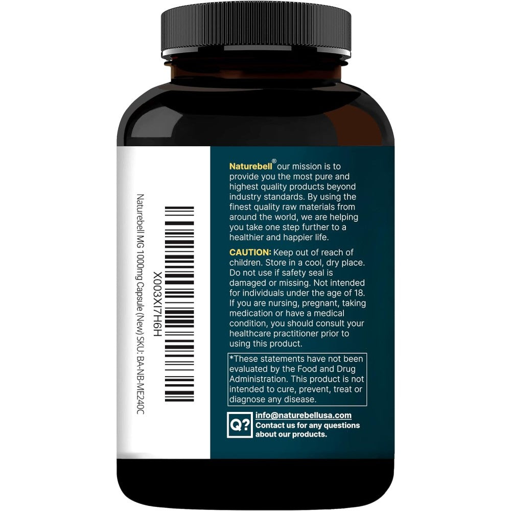 Naturebell Magnesium Glycinate 1000mg Supporting Relaxation, Muscle Recovery, Bone Strength, and Restful Sleep 240 Caps