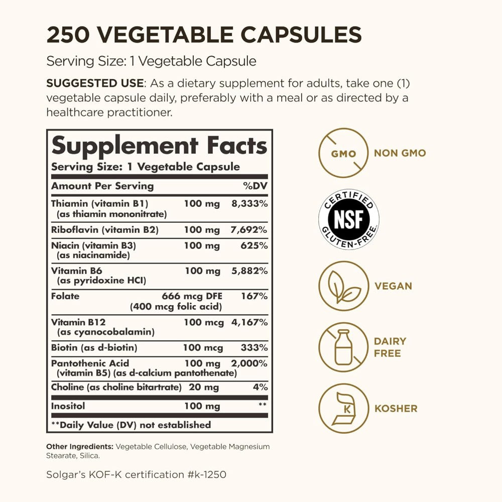 Solgar B complex 100 Support To Help Your Body Convert Food Into Fuel and Maintain Mental Focus and Emotional Well-Being 100 Veg Caps