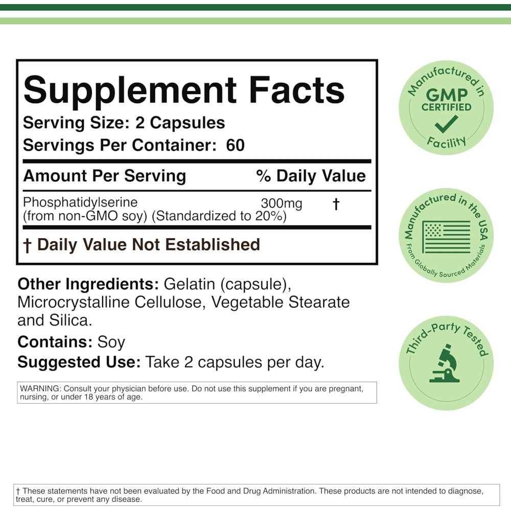 Double Wood Phosphatidylserine It Helps To Boost Memory, Reduce Mental Stress, and Improve Daily Mental Performance 300mg 120 Caps