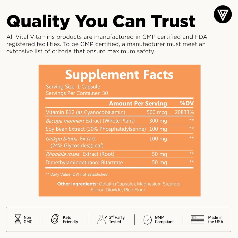Vital Vitamins for Memory and Focus, Clarity & Brain Support includes Vitamin B12, Gingko Biloba & DMAE 30 Capsules