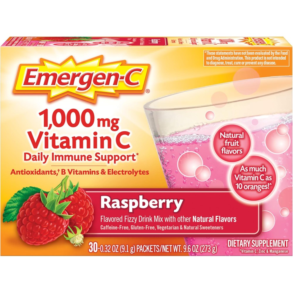 Emergen C 1000mg Vitamin C To Support Immune Health, Energy, and Overall Wellness 30 Packets Raspberry Flavored 273g